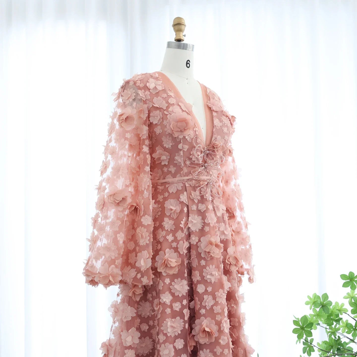 Peach-Pink 3D Flowers Bell Long Sleeves Prom Dress