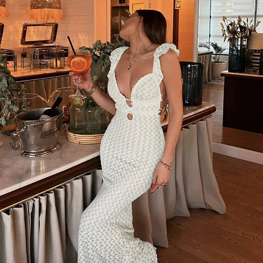 Lace Up Hollow Slim V-neck Maxi Dress