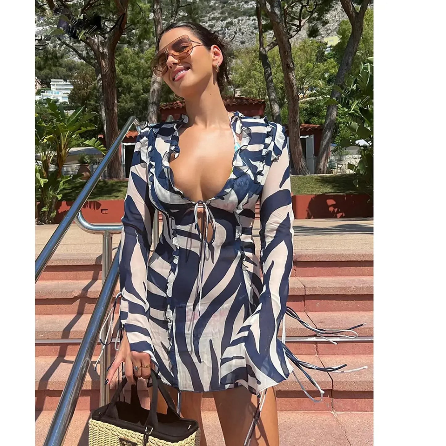 V Neck Zebra Print Ruffled Bodycon Dress