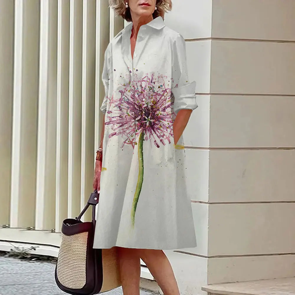 Collared Long Sleeve Button Down Patch Pocket Midi Shirt Dress