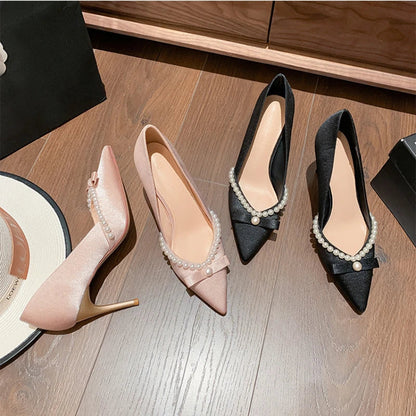 Summer Beaded Shallow Solid Pointed Toe Satin Women's High Heels