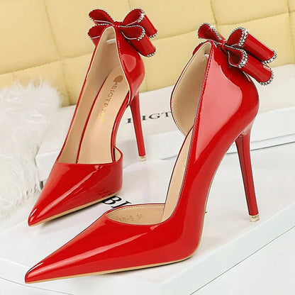 Patent Leather High Heels with Rear Rhinestone Bowknot for Women