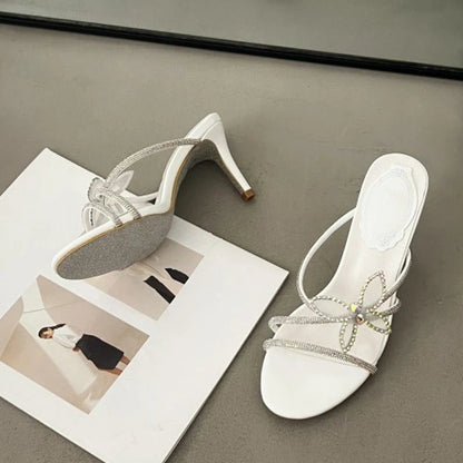 Glitter Rhinestones Bowknot Women Slippers with Crystal Narrow Low Heels