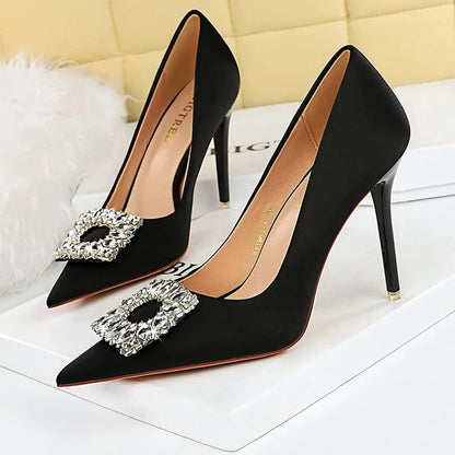Rhinestone Women Pumps Silks Satins High Heels Stilettos Wedding Shoes