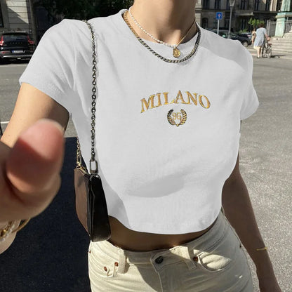 Black Letter Embroidery Crop O-neck T-shirt