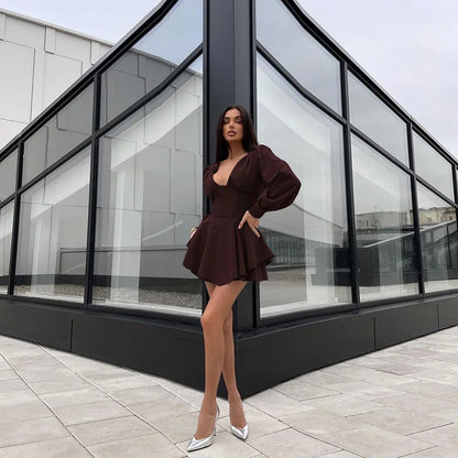 Plunging V-Neck Puff Sleeve Tiered Ruffle Mini Dress