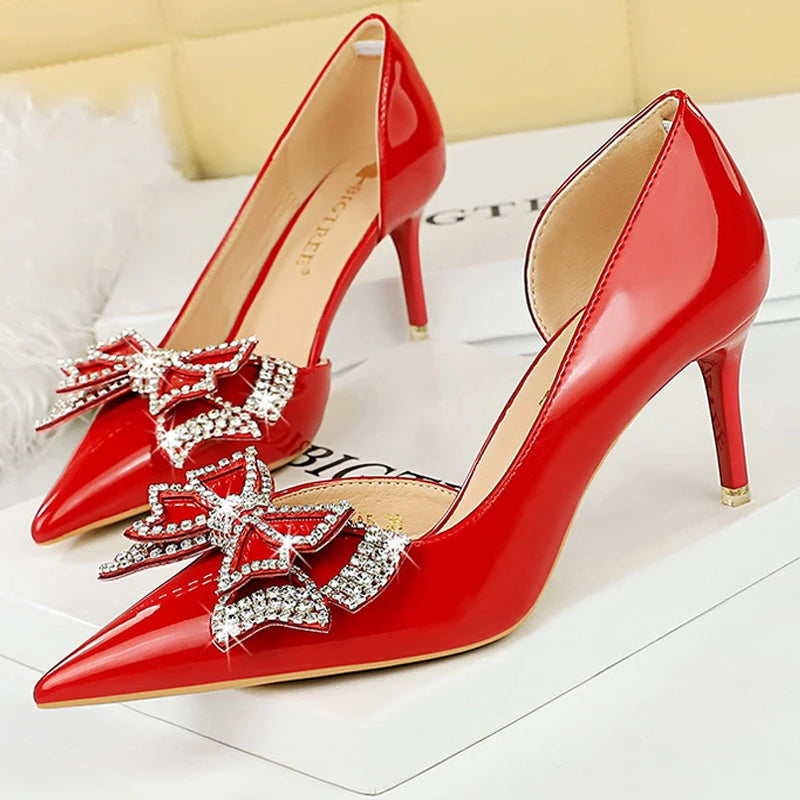 Bowknot Design Kitten Heel Rhinestone Luxury Banquet Pumps for Women