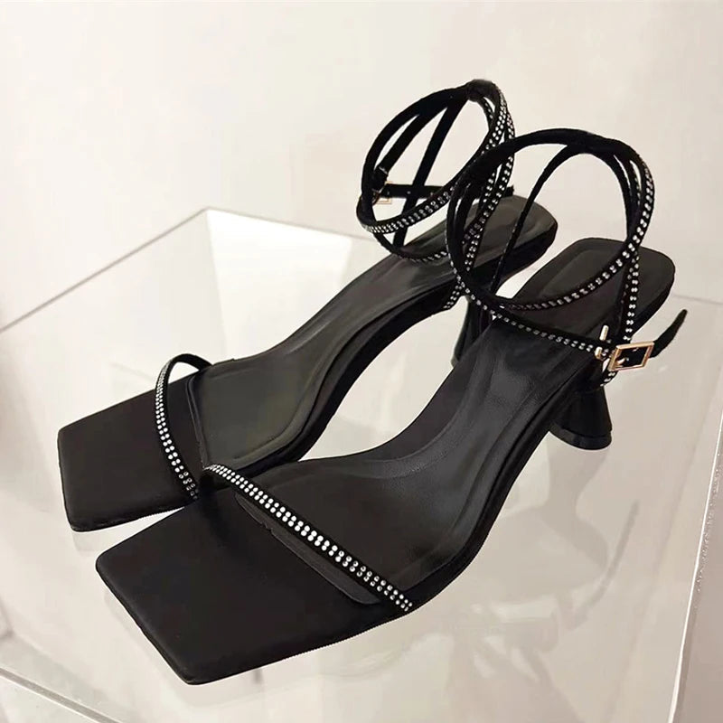 Summer Crystal Rhinestone High Heel Ankle Strap Sandals for Women