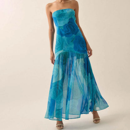 Tie-dye Rose Ruffled Split Vacation Dress