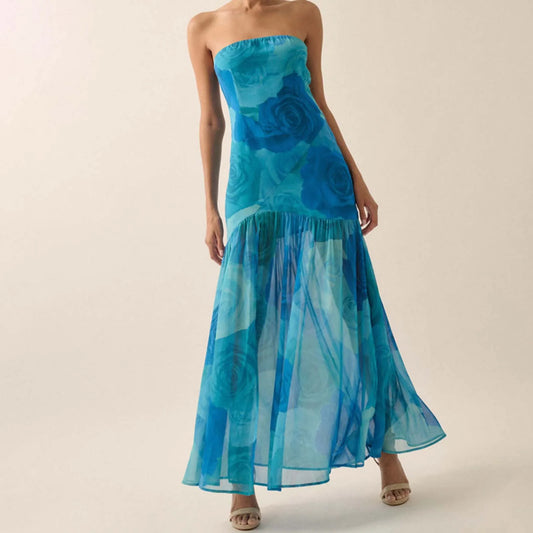 Tie-dye Rose Ruffled Split Vacation Dress