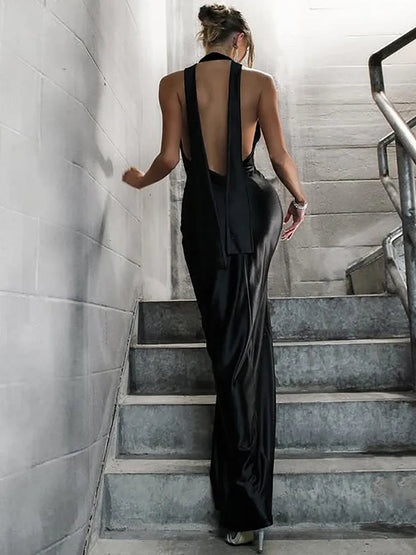 Deep V Ribbon Slit Halter Maxi Dress