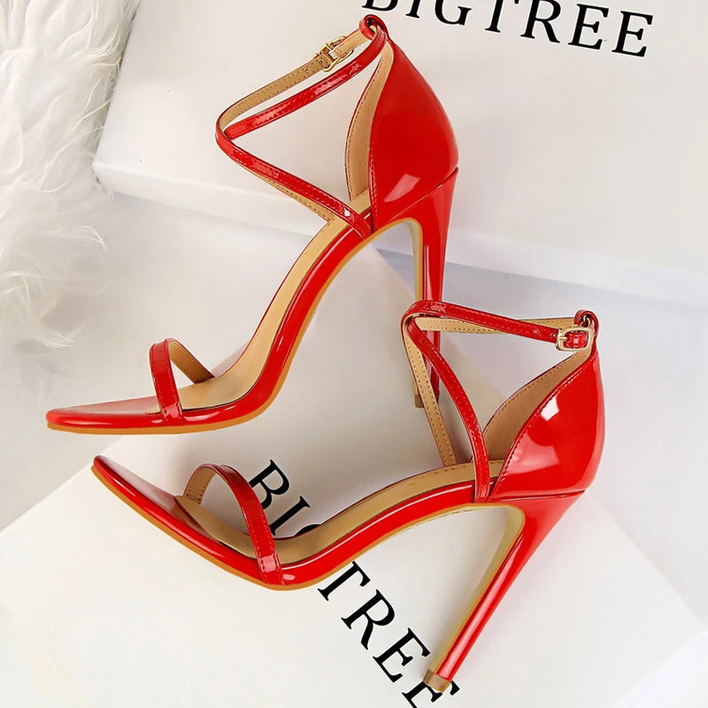 Open Toe High Heels Patent Leather Women Stiletto 11cm 7.5cm