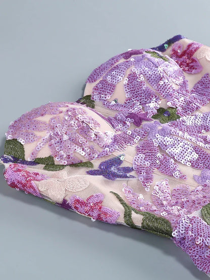 Floral-Embellished Sequin Lavender Ankle Length Dress