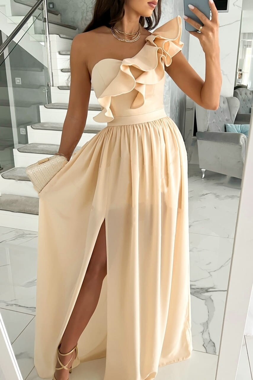One Shoulder Ruffle Bodice High Slit Pleated Maxi Gown