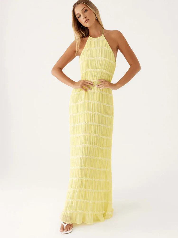 Backless Ruched Halter Ruffle Maxi Dress