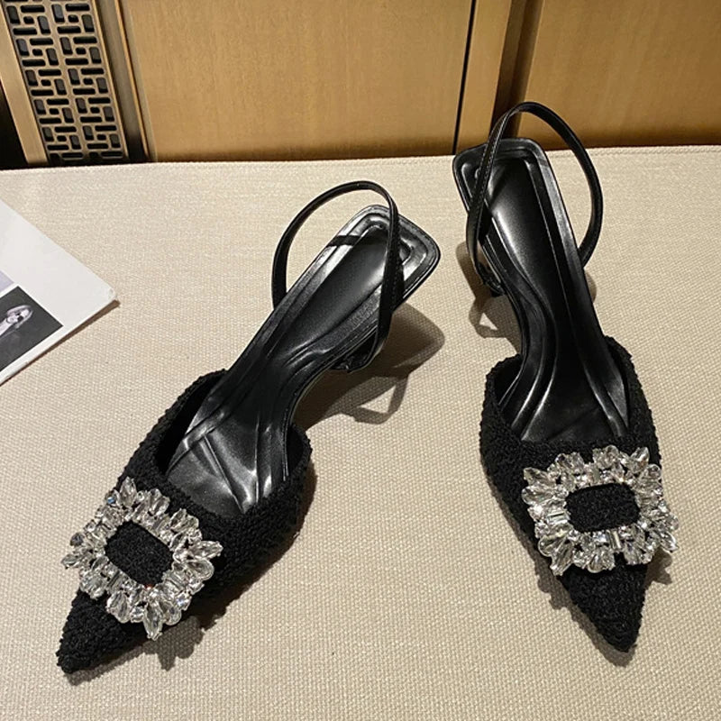 Crystal Buckle Pointed Toe Low Thin Heels Wedding Prom Shoes