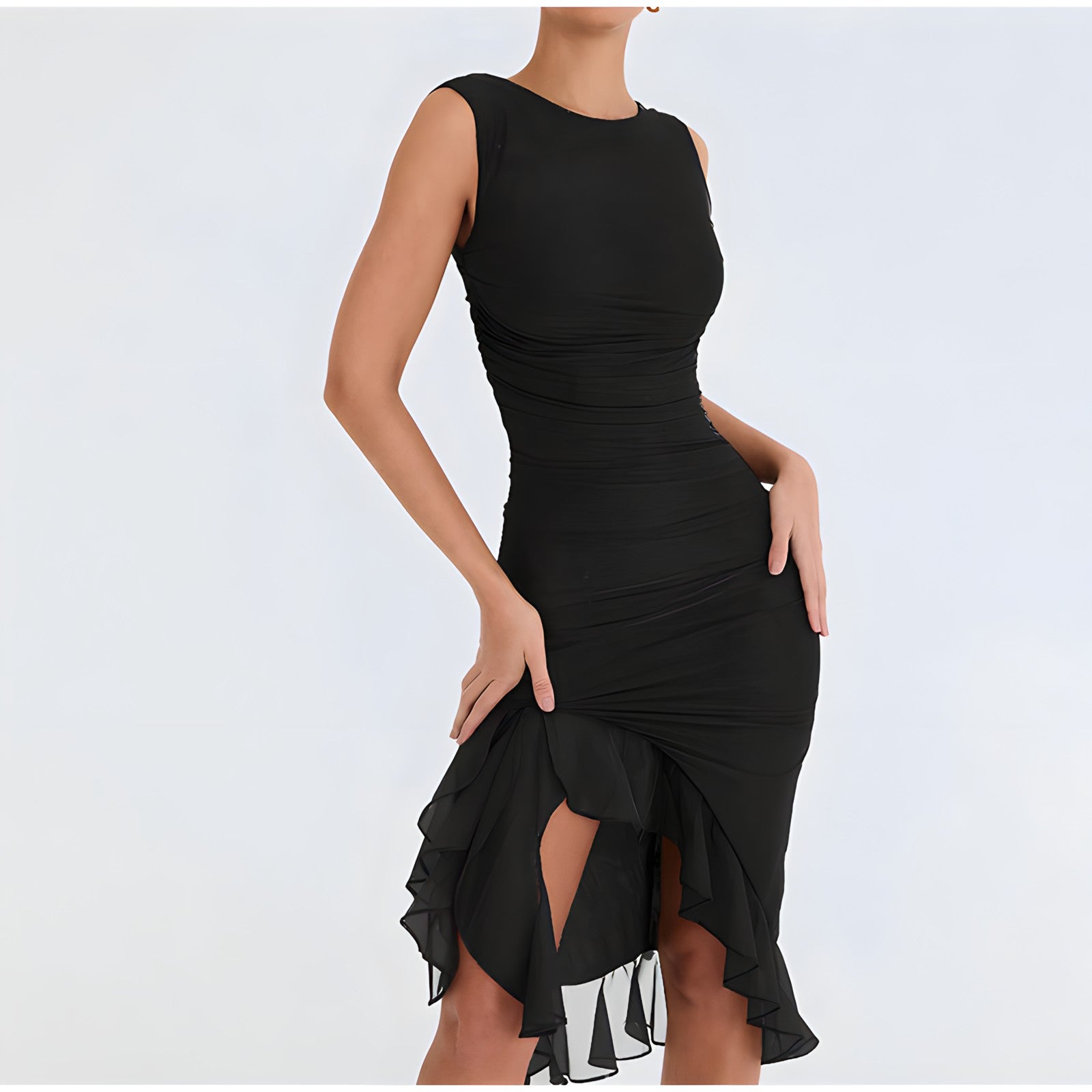 Sleeveless Round Neck Ruched Tiered Ruffle Hem High Split Midi Dress