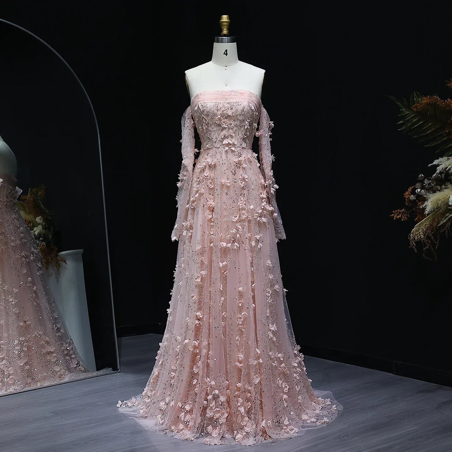 3D Flowers Long Sleeves Evening Party Dress