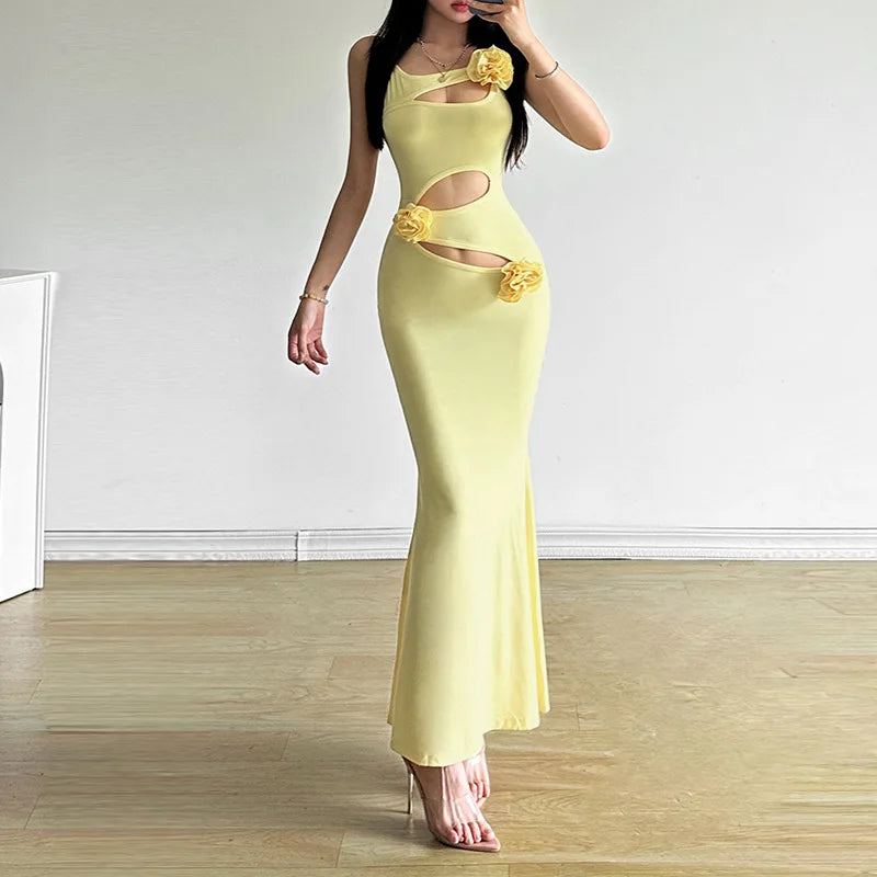 Yellow 3D Flower Cut Out Midi Dress