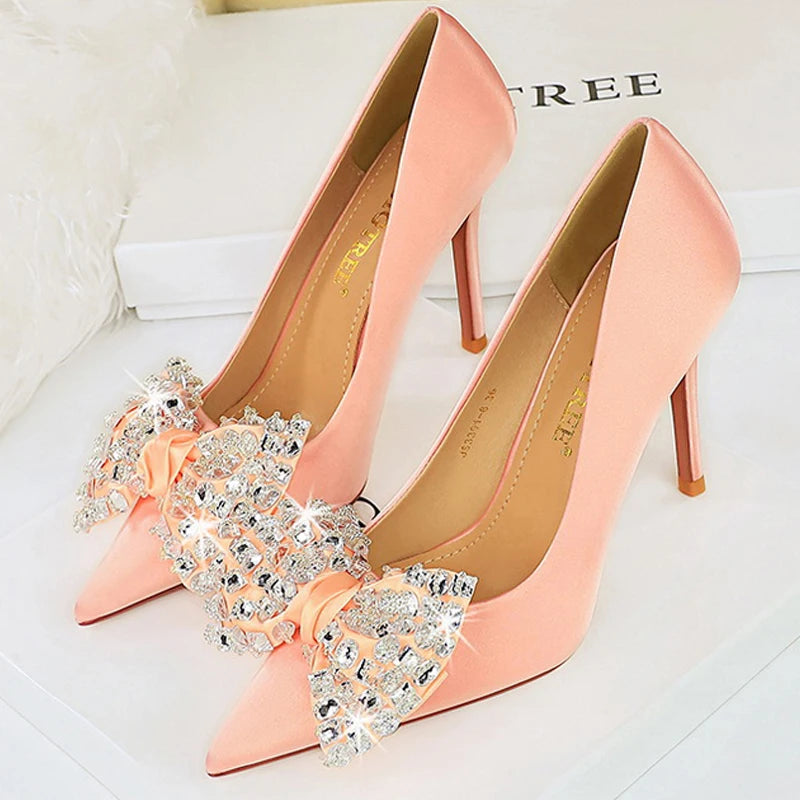 Rhinestone Bow Knot Women Pumps in Large Size 43 for Luxury Banquets