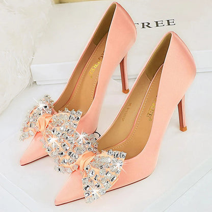 Rhinestone Bow Knot Women Pumps in Large Size 43 for Luxury Banquets