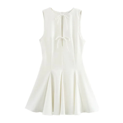 Hollow Out Bow Sleeveless Pleated Short Dress