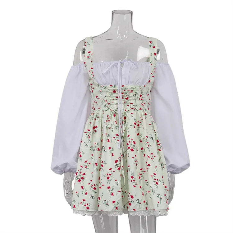 Floral Corset Lace Up Square Neck Eyelet Lace Trim Bubble Hem Mini Dress