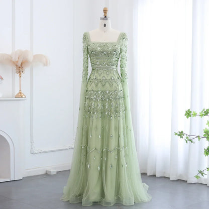 Crystal Beading Evening Dress with Cape Sleeve Customized