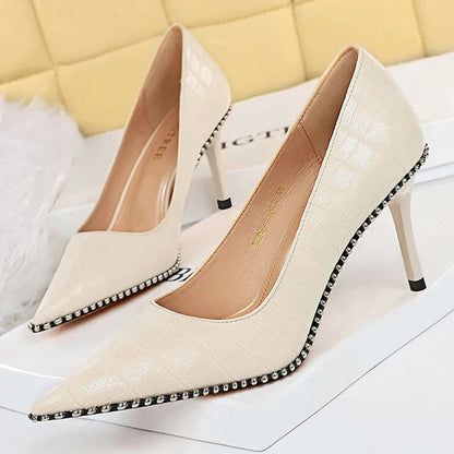 8 Cm Stiletto Pumps with Metal Beads and Kitten Heels for Women