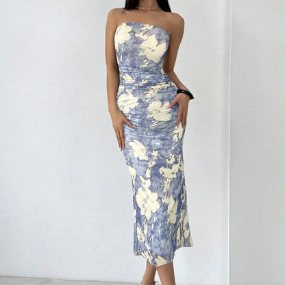 Strapless Blue Slim Fit Floral Dress