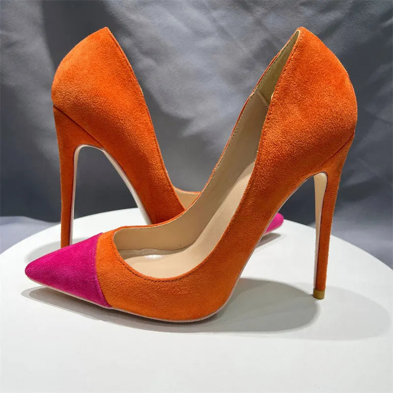 Orange Purple Patchwork Women Flock Pointy Toe High Heel Shoes