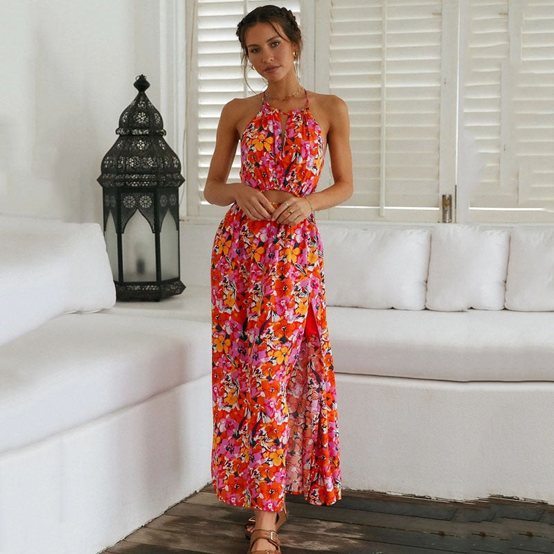 Halter Neck Keyhole Chest Waist Cutout Floral Print Side Slit Maxi Dress