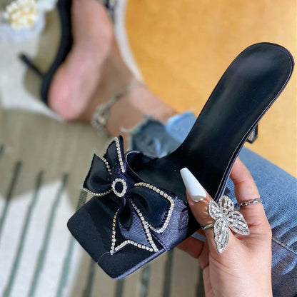 High Heeled Satin Slippers with Bowknot Detail for Summer Fashion