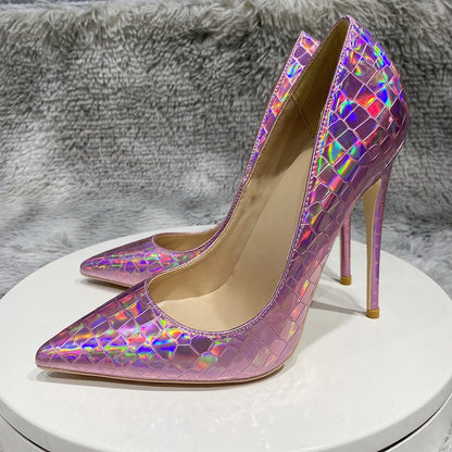 Pink Laser Shiny Crocodile Effect High Heel Shoes for Women