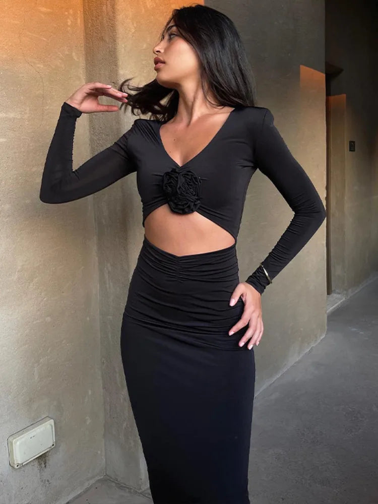 Flower Hollow Out Black V Neck Bodycon Dress