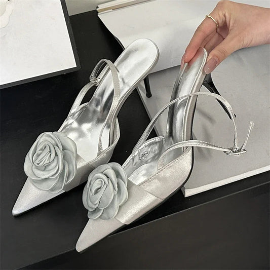 Thin High Heels Buckle Strap Women Pumps with Sexy Flower Pointed Toe Mules