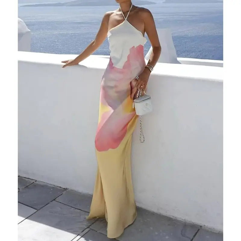 Floral Halter Slip Backless Vacation Dress