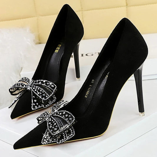 Spring Women Heels Fashion Pumps with Rhinestone Bowknot