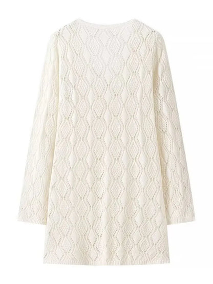 Crochet Geometric Lace Up Deep V Neck Long Sleeve Mini Dress