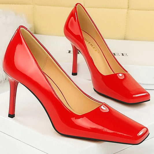 Square Toe Women Pumps High Heels Stilettos Career Office Shoes in Patent Leather