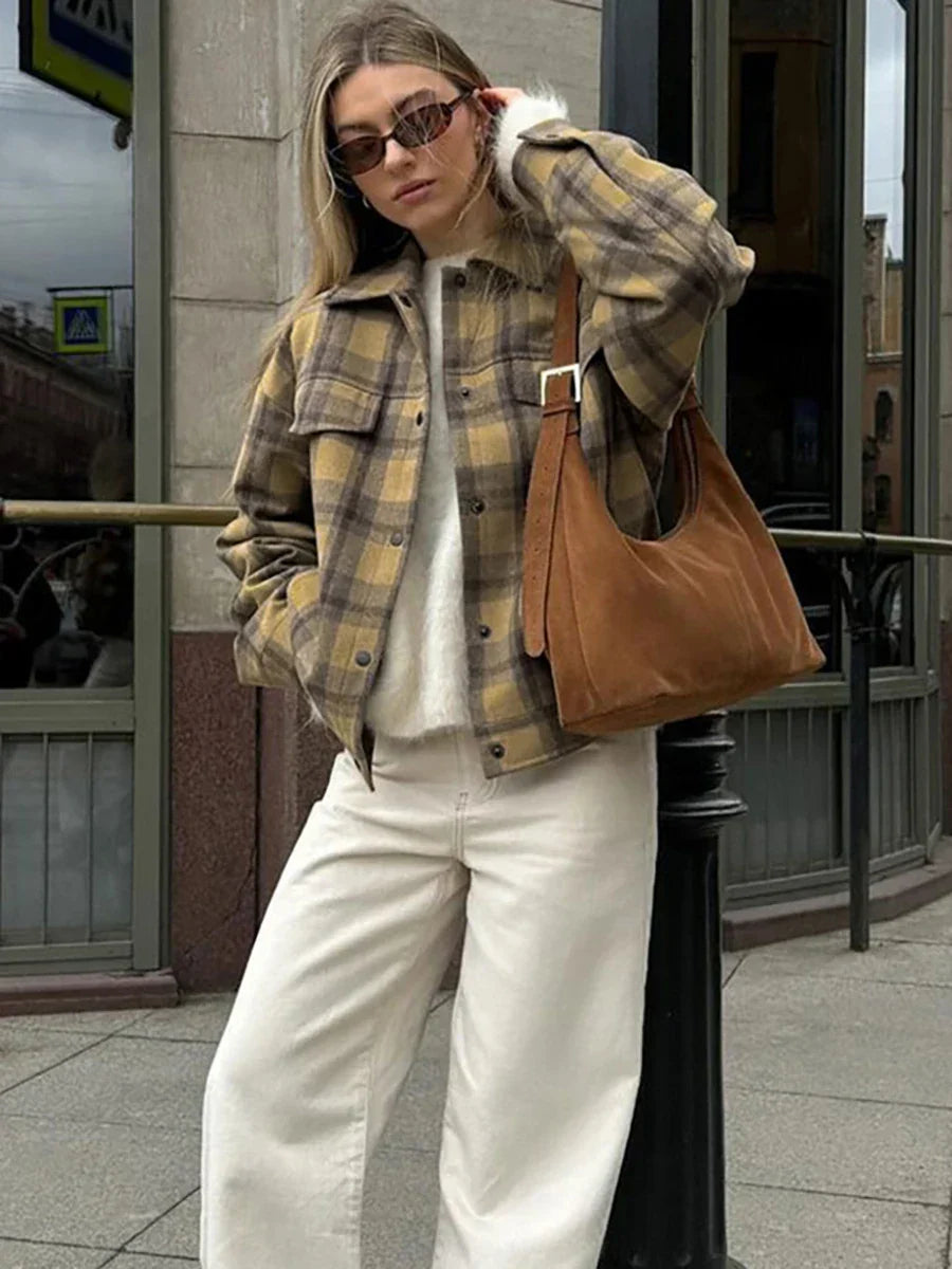 New Plaid Contrast Jacket Women Autumn Winter Single Breasted Long Sleeve Outerwear Female Streetwear Vintage Fashion Coat