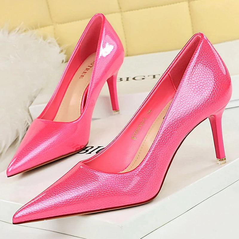 Crystal Patent Leather Women Pumps Pointed High Heels Stilettos Kitten Heels