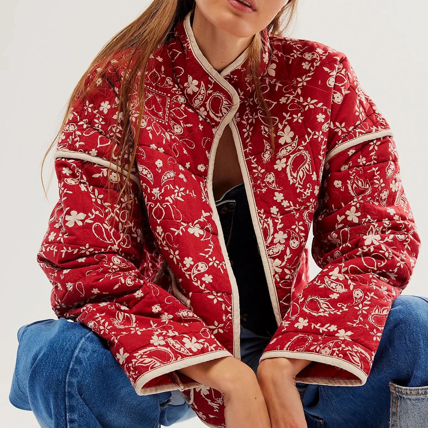 Floral Print Quilted Stand Collar Cardigan