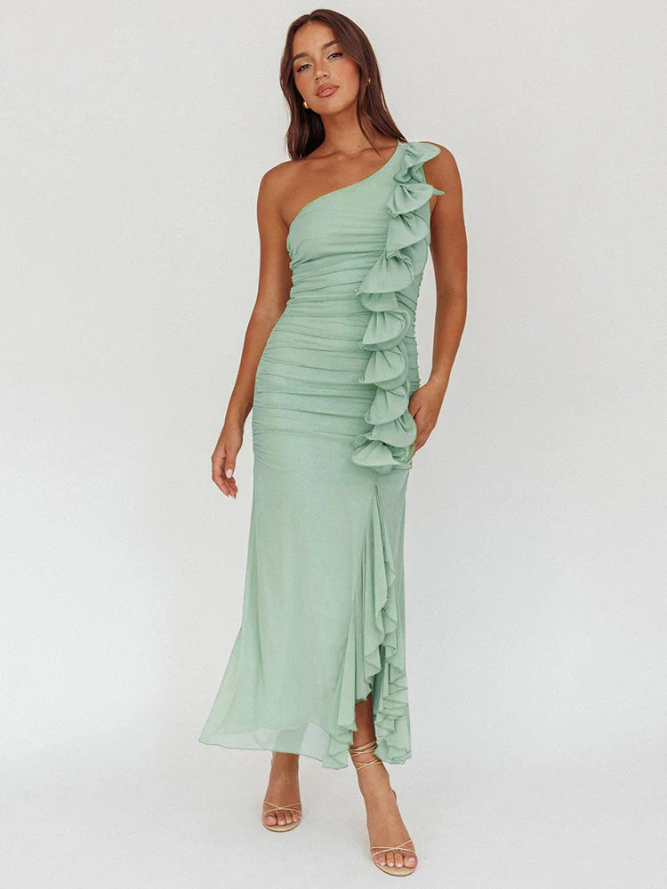One Shoulder Draped Ruffle Bodycon Dress