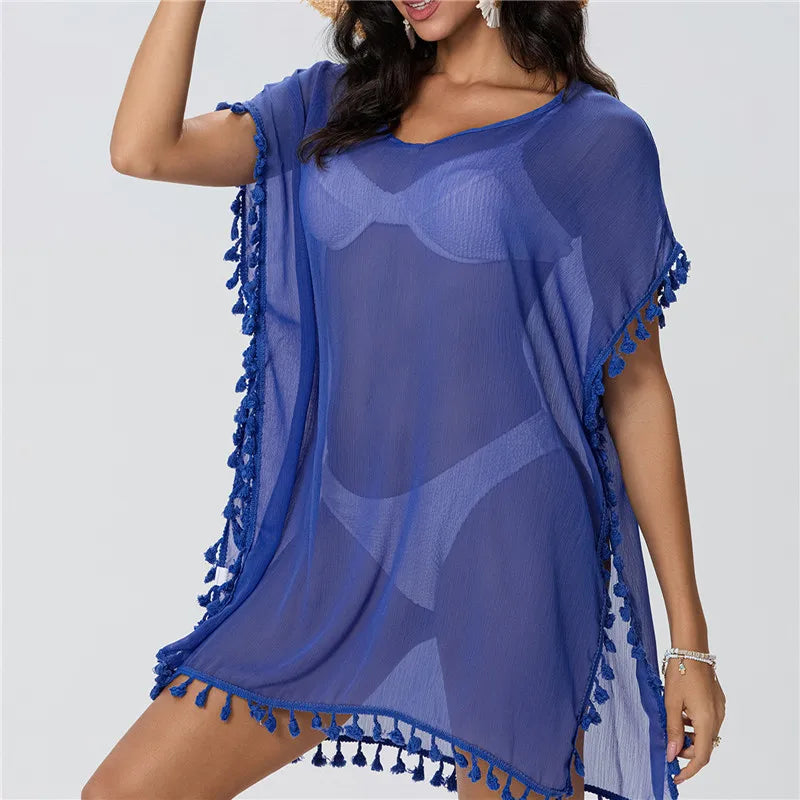 Lace Trim Tassel Fringe Sheer Scoop Neck Handkerchief Hem Beach Cover Up Dress