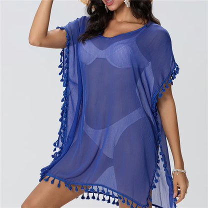 Lace Trim Tassel Fringe Sheer Scoop Neck Handkerchief Hem Beach Cover Up Dress