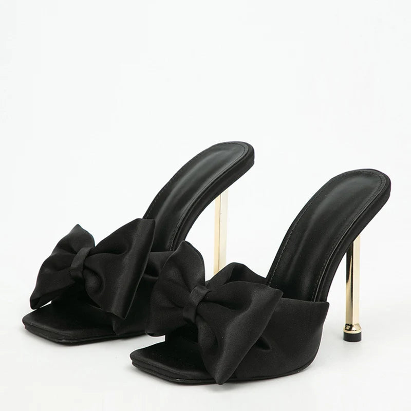 Orange Silk Butterfly-knot High Heels Women Slippers