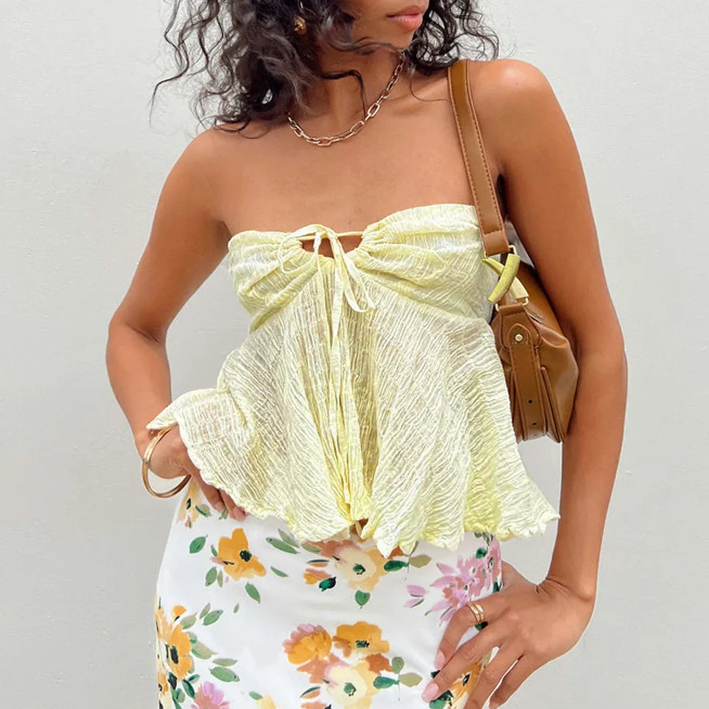 Bandeau Ruffled Pleat Crop Top