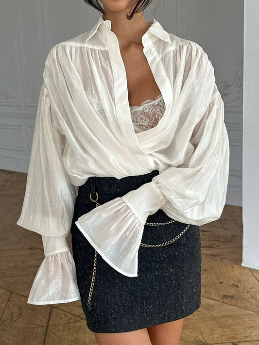 Loose See-Through Lapel Long Sleeve Blouse