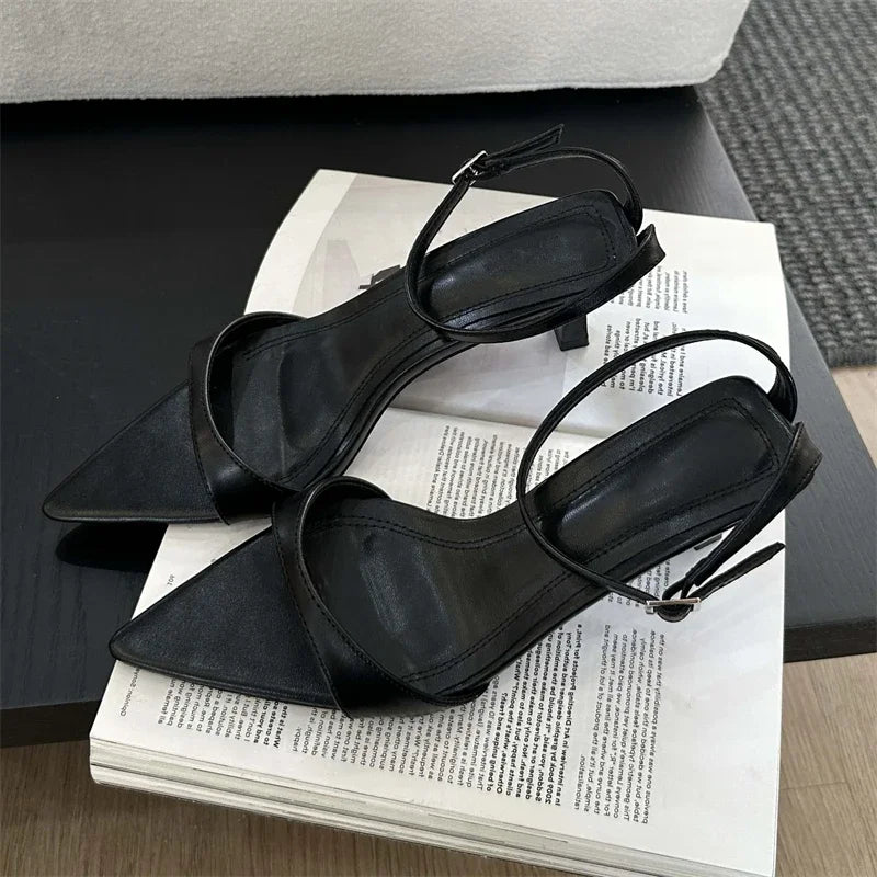 Women's Thin Low Heel Buckle Strap Slingback Pointed Toe Party Sandals